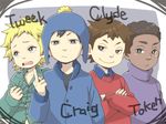  black_eyes black_hair blonde_hair blue_eyes brown_eyes brown_hair character_name clyde_donovan craig_tucker crossed_arms dark_skin earflap_hat hat hat_pompom jacket lowres middle_finger south_park token_black turtleneck tweek_tweak 