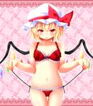  :p blonde_hair bra breasts flandre_scarlet hat highres lingerie navel panties red_eyes rena_(riries) small_breasts solo thigh_gap tongue tongue_out touhou underwear underwear_only wings 