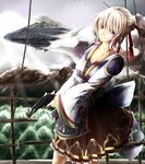  blonde_hair blue_eyes blue_sky brown_skirt dungeon_and_fighter female_gunner_(dungeon_and_fighter) fence floating_island forest gun hair_bun hair_ornament hair_ribbon hair_stick handgun medium_skirt mountain nature print_skirt ribbon shirt skirt sky solo umagenzin weapon 