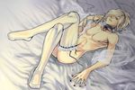  1boy androgynous ash_crimson ass blonde_hair blue_eyes blush crossdressing freckles hair_over_one_eye hairband highres jewelry king_of_fighters kkaiju lying male male_focus nail_polish naked_thighhighs nipples nude on_back short_hair snk solo thighhighs trap white_legwear white_thighhighs 