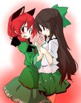  animal_ears blush bow braid brown_hair cat_ears green_skirt hair_bow hand_on_back holding_hands kaenbyou_rin long_hair miniskirt multiple_girls open_mouth print_skirt red_eyes reiuji_utsuho short_hair skirt sweat touhou twin_braids usada_o yuri 