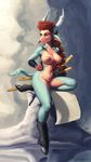  big_breasts black black_fur blue blue_eyes breasts caprine curly_hair female fur goat hair hooves horn katana lips long_hair mammal navel nipples nude pussy red_hair sitting smile solo spread_legs spreading stone sword tail thighs water weapon wide_hips zaggatar 