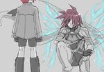  anna_irving boots couple fingerless_gloves gloves hair_over_one_eye kneeling kratos_aurion lowres monochrome red_eyes red_hair short_hair smile spoilers tales_of_(series) tales_of_symphonia uniform wings 