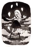  1girl arms_up commentary english_commentary full_body ghost grass heikala highres inktober kneehighs long_hair neckerchief night original outdoors outstretched_arms shirt short_sleeves skirt smile solo spread_arms standing 