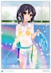  2011 absurdres bikini bikini_under_clothes black_hair brown_eyes dated dress_shirt errant highres hose k-on! long_hair nakano_azusa one-piece_swimsuit rainbow see-through shirt solo swimsuit swimsuit_under_clothes twintails water wet wet_clothes yellow_swimsuit 