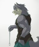 anthro biceps canine clothed clothing dog dog_tags fur grey_body grey_fur grey_hair hair hands_in_pockets holding husky istani kouya_aotsuki looking_at_viewer looking_back male mammal morenatsu muscles necklace pecs plain_background plain_nackground pose shirt shorts solo standing tank_top white_background wolf 