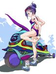  ankle_boots aoi_zero bad_anatomy barefoot blue_eyes boots competition_swimsuit full_body goggles goggles_on_head ground_vehicle hair_bun highres looking_back motor_vehicle motorcycle one-piece_swimsuit original purple_hair shoes single_shoe solo standing standing_on_one_leg stretch swimsuit watch 