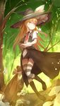  alternate_costume blonde_hair blush boots broom forest fred04142 hat kirisame_marisa lights long_hair mushroom nature necktie overskirt shirt shorts smile solo striped striped_legwear thighhighs touhou vest witch witch_hat yellow_eyes 