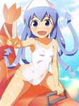  blue_eyes blue_hair hat highres ikamusume inflatable_shrimp inflatable_toy nanase_nanami ocean one-piece_swimsuit open_mouth riding shinryaku!_ikamusume shrimp solo swimsuit tentacle_hair v 