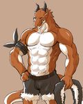  anthro bandage belt biceps clothing dragon holding horn huge_muscles istani male muscles pecs pinup pose shirt shorts simple_background solo standing topless 