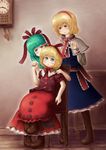  =_= alice_margatroid analog_clock blonde_hair blue_dress blue_eyes blush boots bow chair child clock cross-laced_footwear curly_hair dress frills green_hair hair_ribbon hairband holding_hands indoors kagiyama_hina kokomo1911 lace-up_boots medicine_melancholy multiple_girls pendulum_clock red_dress ribbon roman_numerals sash short_hair sitting touhou wall_clock 