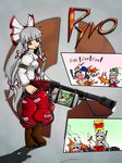  :3 bloodycat bow boxing_gloves chibi cigarette comic ex-keine fire flamethrower food fujiwara_no_mokou hair_bow hat horn_ribbon horns izayoi_sakuya kamishirasawa_keine long_hair multiple_girls ribbon sausage shameimaru_aya silver_hair sukusuku_hakutaku suspenders team_fortress_2 the_pyro the_scout the_spy tokin_hat touhou weapon 