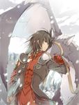  armor black_hair copyright_name dragon ekoo frown gaius_(tales) gloves male_focus red_eyes snow solo surcoat tales_of_(series) tales_of_xillia 