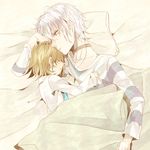  1girl accelerator ahoge albino blanket brown_hair choker closed_eyes dress last_order open_mouth pillow red_eyes shirt short_hair sleeping striped striped_shirt to_aru_majutsu_no_index tsukudato white_hair 