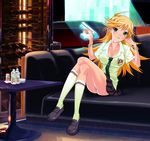  alcohol ashtray bad_id bad_pixiv_id bitawan black_skirt blonde_hair bracelet breasts cleavage computer cosplay couch crossed_legs glass green_eyes gun highres hoshii_miki idolmaster idolmaster_(classic) jewelry loafers long_hair look-alike medium_breasts miniskirt necktie panty_&amp;_stocking_with_garterbelt panty_(psg) panty_(psg)_(cosplay) plaid plaid_skirt school_uniform shoes sitting skirt socks solo weapon wine 