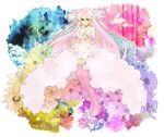  boots bow choker dress floral_background gloves gradient hair_bow hands_clasped highres kakizato kaname_madoka long_hair mahou_shoujo_madoka_magica own_hands_together pink_footwear pink_legwear praying smile solo spoilers thigh_boots thighhighs two_side_up ultimate_madoka very_long_hair white_gloves yellow_eyes 