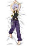  androgynous barefoot dakimakura full_body green_eyes kingdom_hearts long_hair male_focus midriff riku shuu_(blow_wind) silver_hair solo wristband 