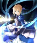  ahoge armor armored_dress artoria_pendragon_(all) blonde_hair dress excalibur fate/zero fate_(series) gauntlets glowing glowing_sword glowing_weapon green_eyes hair_bun hair_ribbon invisible_air kujou_ichiso long_hair open_mouth ribbon saber short_hair solo sword weapon 