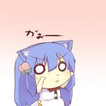  :3 animal_ears blue_hair cat_ears cat_tail chibi food fruit hair_ornament hazuki_ruu hinanawi_tenshi kemonomimi_mode lowres no_hat no_headwear o_o peach solo tail touhou 