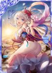  1girl :d akkijin armpits back bare_shoulders blonde_hair blue_eyes breasts card_(medium) cloud dress flower flying hair_flower hair_ornament holding holding_flower japanese_clothes long_hair looking_at_viewer lotus medium_breasts mountain official_art open_mouth pink_dress shinkai_no_valkyrie sky smile sun sunrise 