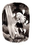  1girl arm_up commentary dappled_sunlight english_commentary forest full_body ghost grass greyscale heikala inktober kneehighs light light_rays long_hair monochrome nature neckerchief open_mouth original outdoors scared shirt short_sleeves skirt solo standing sunbeam sunlight 