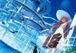  animal_ears bad_id bad_pixiv_id blue_eyes boots brown_hair cat cat_ears choker collar condensation_trail day dress dutch_angle hat katou_itsuwa knee_boots leaf long_hair moon original outdoors plant scenery science_fiction sign solo suitcase sun_hat sundress very_long_hair water 