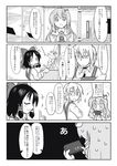  2girls :3 absurdres alternate_costume blush bow casual choker comic computer contemporary duster excalibur_(soul_eater) food food_in_mouth frog_hair_ornament futa_(nabezoko) glasses greyscale hair_bow hair_ornament hair_ribbon hair_tubes hakurei_reimu hat highres kochiya_sanae long_hair monochrome morichika_rinnosuke multiple_girls open_mouth ribbon school_uniform senbei serafuku short_hair snake_hair_ornament soul_eater sweatdrop touhou translated 