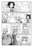  3girls :3 absurdres ahoge alice_margatroid alternate_costume anger_vein apron blush bow braid casual choker comic contemporary cup flying_sweatdrops futa_(nabezoko) glasses greyscale hair_bow hair_ribbon hair_tubes hairband hakurei_reimu heart highres kirisame_marisa long_hair monochrome morichika_rinnosuke multiple_girls o_o open_mouth pen ribbon school_uniform scissors serafuku short_hair sidelocks sparkle sweatdrop sweater teacup touhou translated 