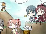  ?_block akemi_homura crossover food kaname_madoka koohee kyubey mahou_shoujo_madoka_magica mario_(series) miki_sayaka multiple_girls pocky sakura_kyouko super_mario_bros. tomoe_mami 