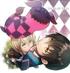  1girl argyle argyle_background bad_id bad_pixiv_id black_hair blonde_hair brown_eyes coat copyright_name creature dress elize_lutus frills from_above green_eyes icon_(sgt) jude_mathis short_hair tales_of_(series) tales_of_xillia teepo_(tales) 