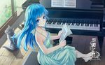  bare_shoulders barefoot blue_eyes blue_hair dog dress hennamono indoors instrument long_hair looking_at_viewer piano puppy real_life sheet_music sitting solo window 