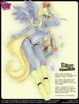  anklet anthro anthrofied blonde_hair blue_skin blush border breasts card derp derpy_hooves_(mlp) description equine female food friendship_is_magic hair knee_socks letter mail mammal messenger_bag muffin my_little_pony navel pegasus polka_dots_background salute slugbox smile socks standing text wings yellow_legwear yellow_panties 