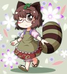  :3 animal_ears bad_id bad_pixiv_id bloomers blush_stickers brown_eyes brown_hair brown_skirt chibi dress futatsuiwa_mamizou glasses leaf leaf_on_head medium_skirt mesou-san one_eye_closed print_skirt raccoon_ears raccoon_tail sandals short_hair skirt solo tail touhou underwear walking 