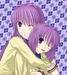  clannad fujibayashi_kyou fujibayashi_ryou long_hair purple_eyes purple_hair short_hair siblings sister sisters twins 