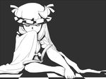  barefoot book checkered checkered_floor closed_eyes feet greyscale hair_ribbon hat hat_ribbon monochrome onikobe_rin patchouli_knowledge ribbon solo touhou 