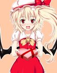  blonde_hair fang flandre_scarlet gift hat holding holding_gift incoming_gift nishiumi_yuuta red_eyes side_ponytail solo touhou wings 