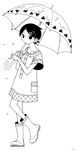  black_hair boots dress full_body fuura_kafuka greyscale hair_ornament hairclip kumeta_kouji monochrome official_art rain rubber_boots sayonara_zetsubou_sensei simple_background smile solo umbrella 