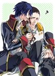  bandages blue_eyes blue_hair blush brown_hair chawan_fukasu garlock_simon male_focus multiple_boys ponytail rossiu sarashi simon tengen_toppa_gurren_lagann trench_coat undressing yaoi 