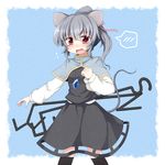  alternate_hairstyle animal_ears bad_id bad_pixiv_id black_skirt blush capelet dowsing_rod fang fuuen_(akagaminanoka) gem grey_hair hair_ribbon jewelry medium_skirt mouse_ears mouse_tail nazrin necklace open_mouth outstretched_arm pendant ponytail red_eyes ribbon shirt skirt skirt_set solo standing tail touhou vest 