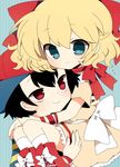  1girl bad_id bad_pixiv_id black_hair blonde_hair blue_eyes carrying haru_(kyou) hat mother_(game) mother_2 ness paula_(mother_2) red_eyes ribbon smile 