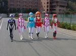  ai_(eiyuu_club) cosplay cyber_lady_suzuka eiyuu_club everroid_seria female highres kigurumi mecha_musume multiple_girls outdoors photo red_lira robot robot_girl sharan_(eiyuu_club) shion_(eiyuu_club) taiman tokusatsu zentai 