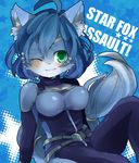  &#12462;&#12515;&#12540;&#12371; 1girl ???? anthro belt blue_hair blush bodysuit breasts canine clothed clothing english_text female fox furry green_eyes krystal looking_at_viewer mammal nintendo one_eye_closed pinup pose skinsuit smile solo star star_fox tail text video_games wink 