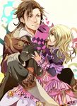  1girl alvin_(tales) black_gloves blonde_hair boots bow brown_eyes brown_hair coat creature doroli dress elize_lutus frills gathers gloves green_eyes happy heart knee_boots ribbon short_hair sitting smile tales_of_(series) tales_of_xillia teepo_(tales) 