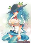  alternate_breast_size blue_hair blue_legwear bra breasts cleavage food fruit hat hinanawi_tenshi huge_breasts lingerie long_hair open_clothes peach red_eyes sitting solo thighhighs touhou tsuutenkaaku underwear 