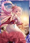  1girl :d akkijin armpits back bare_shoulders breasts card_(medium) cloud dress flower flying hair_flower hair_ornament holding holding_flower japanese_clothes long_hair looking_at_viewer lotus medium_breasts mountain official_art open_mouth pink_dress pink_hair purple_eyes shinkai_no_valkyrie sky smile sun sunrise 