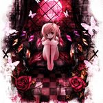  bad_id bad_pixiv_id bare_legs barefoot blonde_hair bug butterfly checkered checkered_floor curtains flandre_scarlet full_moon hair_ribbon insect leg_hug missile228 moon red_eyes red_moon ribbon side_ponytail sitting solo touhou window wings 