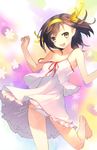  :d bad_id bad_pixiv_id barefoot brown_eyes brown_hair dress hair_ribbon hairband kage_yuu off_shoulder open_mouth panties pantyshot ribbon short_hair side-tie_panties smile solo strap_slip sundress suzumiya_haruhi suzumiya_haruhi_no_yuuutsu underwear 