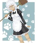  apron broom dark_skin glasses highres hisa_tsuki maid maid_headdress original short_hair silver_hair solo yellow_eyes 