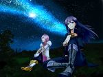  1girl 38_(h-320) black_eyes black_hair boots bracelet coat dress estellise_sidos_heurassein full_body gloves grass green_eyes grey_footwear jewelry knee_boots long_hair night pants pink_hair short_hair sitting sky smile star_(sky) starry_sky tales_of_(series) tales_of_vesperia white_gloves yuri_lowell 