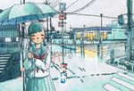  bag blue blush building convenience_store crosswalk ebizou lamppost lawson original power_lines rain reflection road scenery school_uniform serafuku shop solo street umbrella vanishing_point 